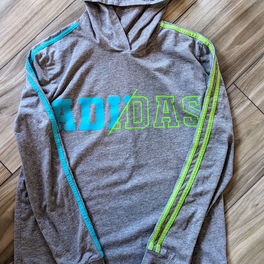 Adidas Gray Hoodie with Blue and Green Accents